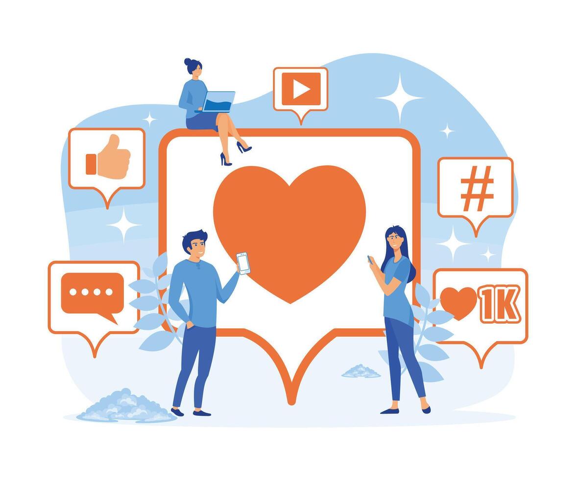 Social media marketing concept. People who use social media and digital online, like marketing posts on social media.flat vector modern illustration