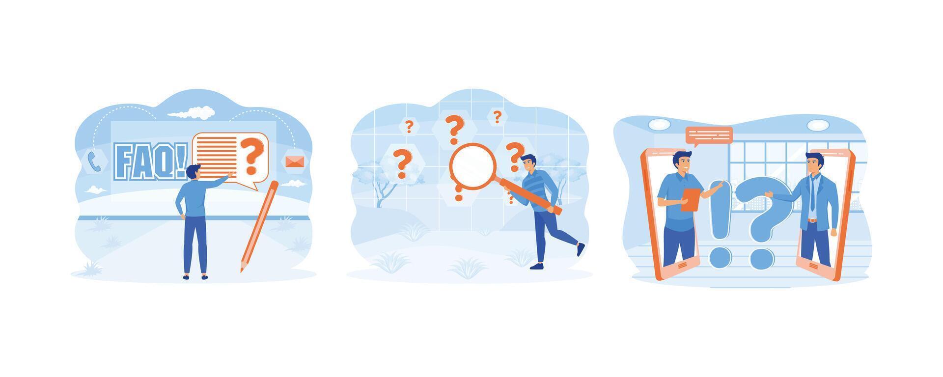Sending customer support a question. Man holding magnifying glass and looking through it at interrogation points. Frequently asked questions. Set flat vector modern illustration