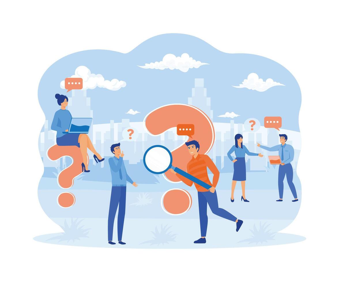 Question mark. Business people asking questions around a huge question mark. for web banner, infographics, mobile website. flat vector modern illustration