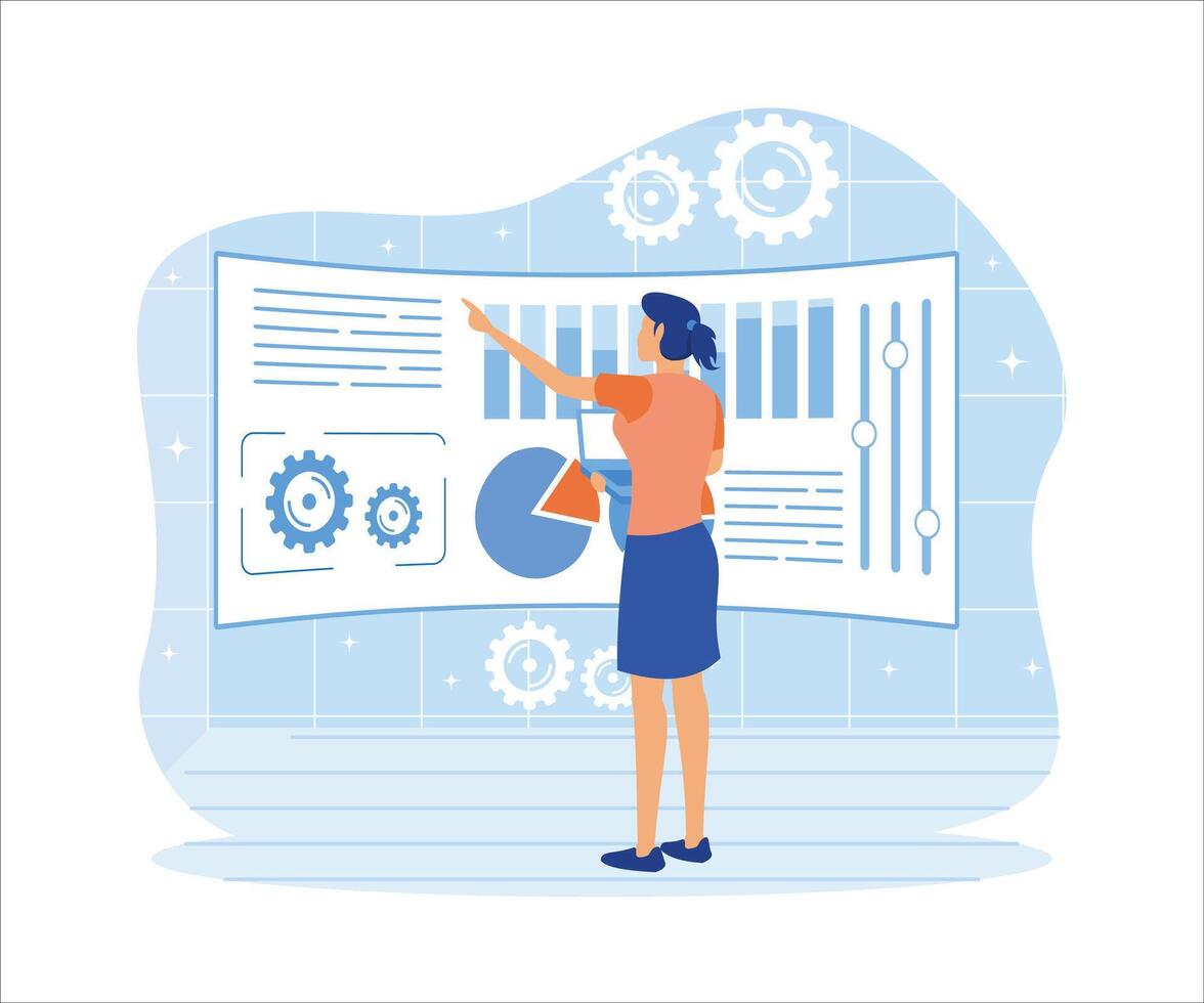 Big data visualization concept. Woman analyzing data visualization on diagram. flat vector modern illustration