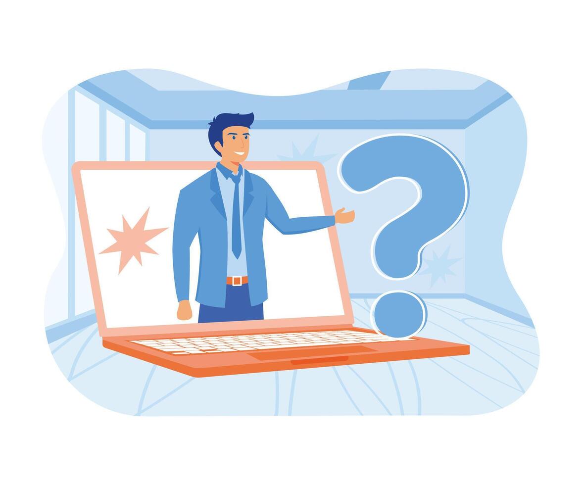 Man standing near big question mark. The concept of information is unknown. Portraits of wise people. think about or solve problems. flat vector modern illustration