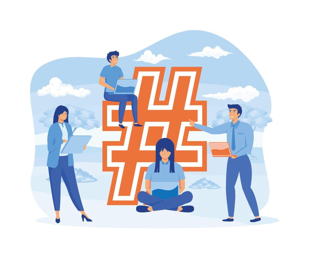 Hash tag concept. people using mobile tablet and smart phone for sending posts and sharing them in social media.  flat vector modern illustration