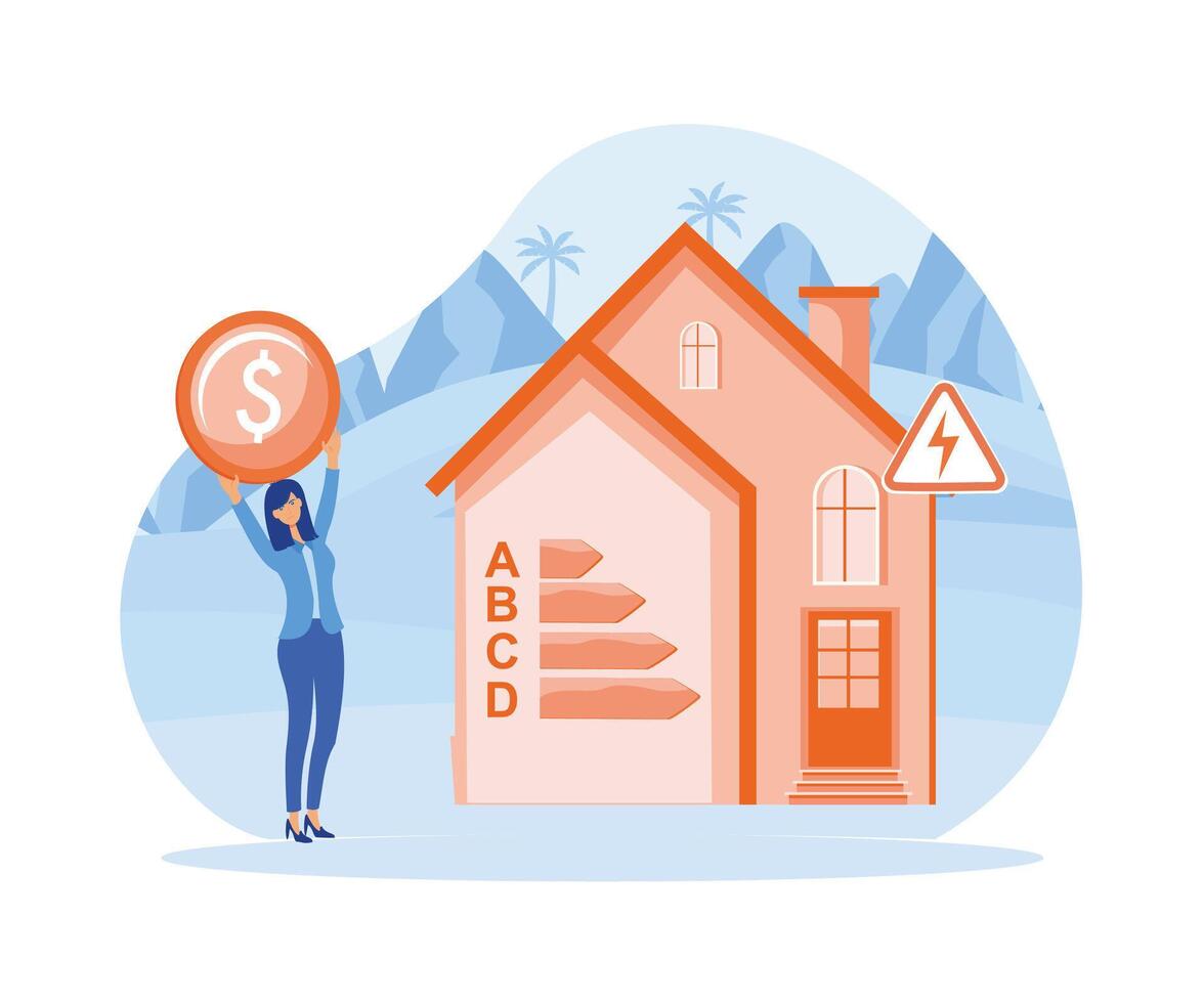 Energy efficiency in household and industry. Woman checks heating meter and calculates household utility bill.  flat vector modern illustration  flat vector modern illustration