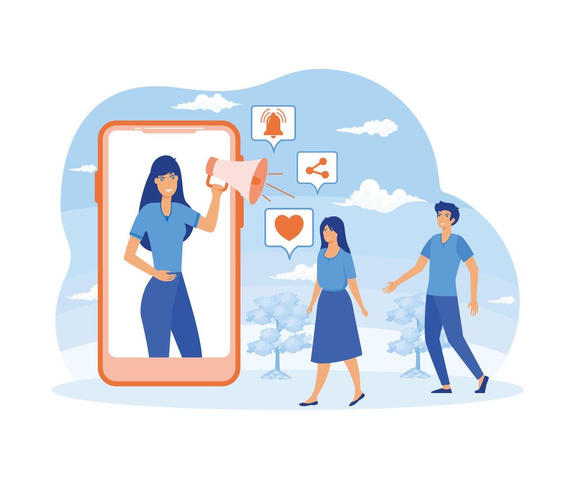 Social media influence concept. Key Opinion Leaders. Woman with at mobile phone screen holding megaphone influencing audience.   flat vector modern illustration