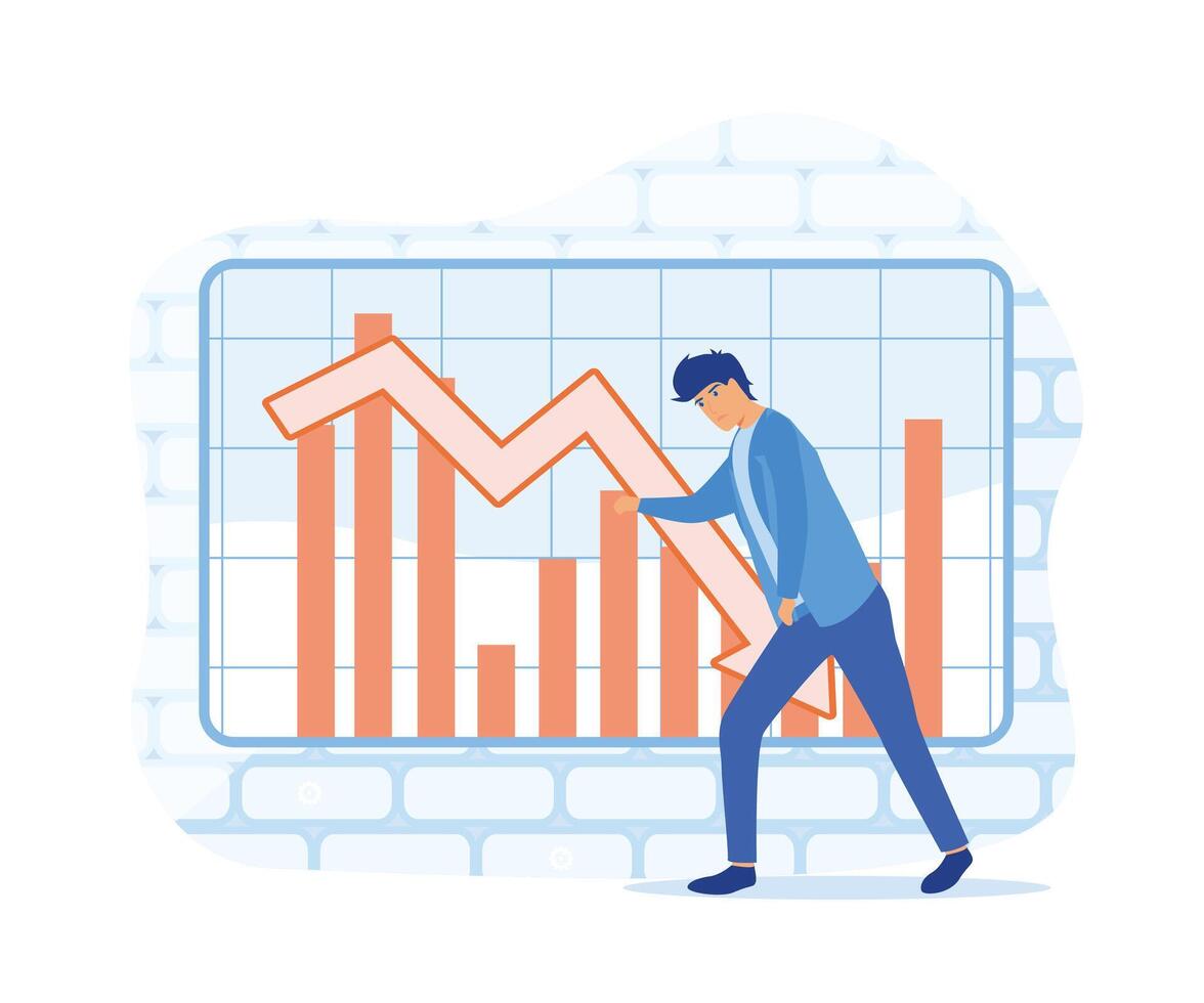 crisis concepto. bancarrota con que cae abajo lucro grafico y dinero disminuir. plano vector moderno ilustración