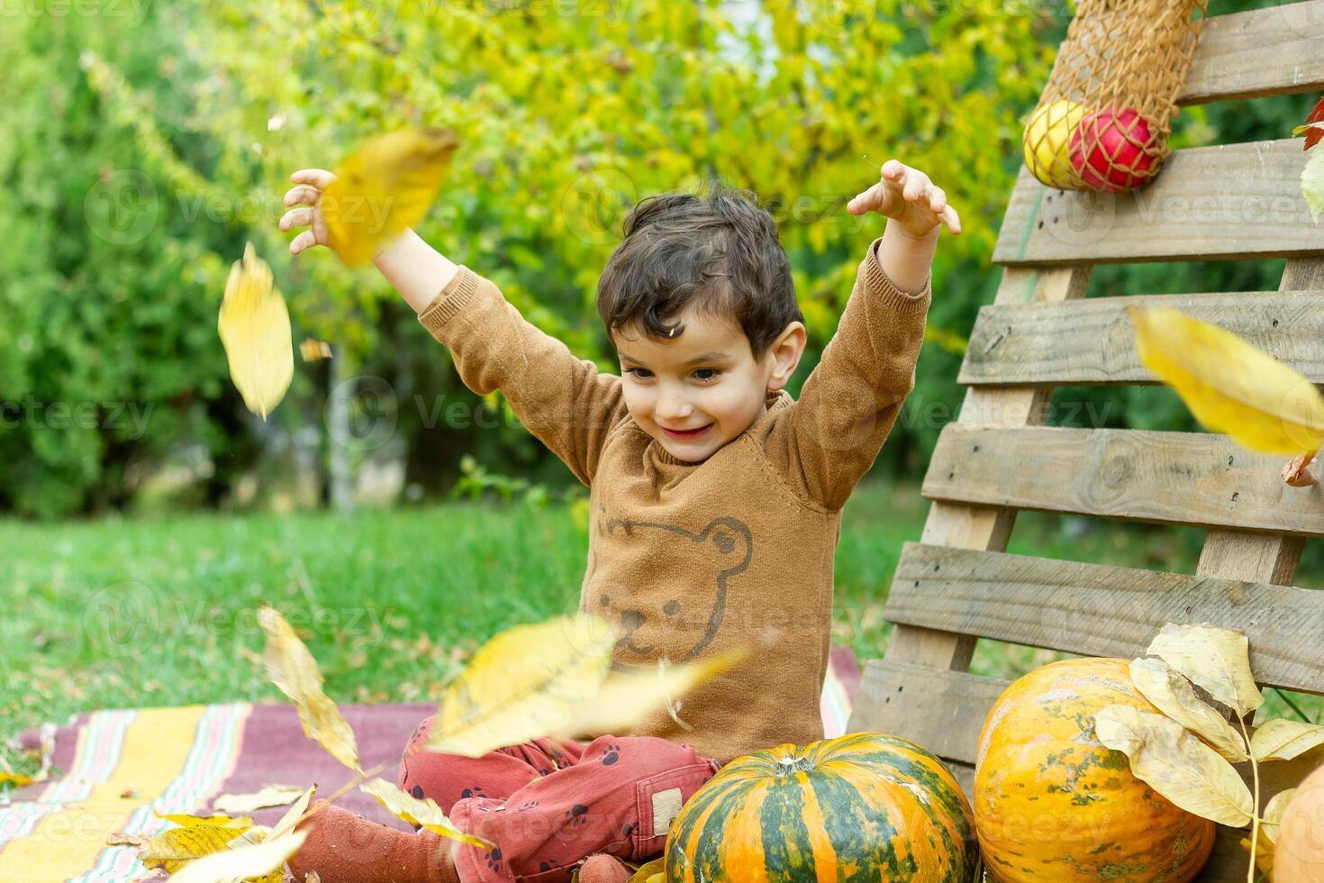 the little child playing in the park with fruits, little girl in the autumn park photo