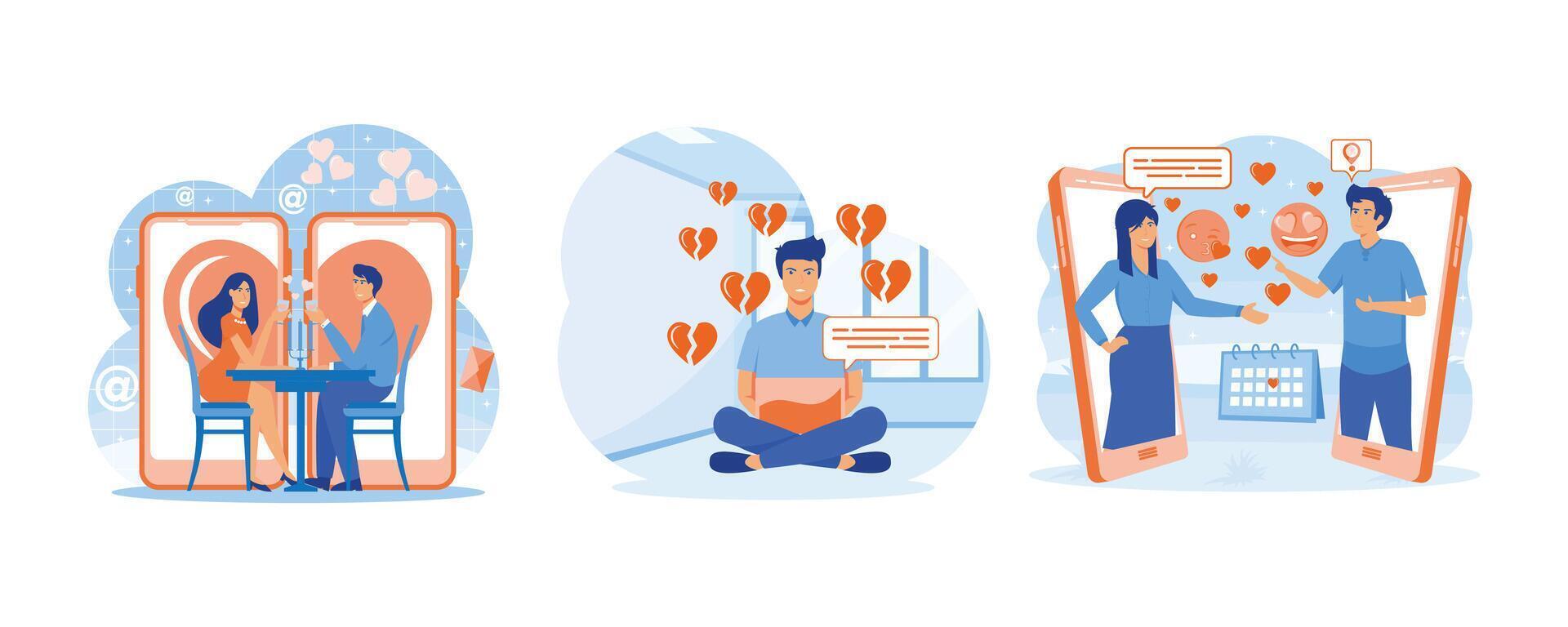 Online dating concept. Aggressive man sits cross-legged with a cell phone with broken hearts. Texting messages chatting via online video call in mobile phone dating app. vector