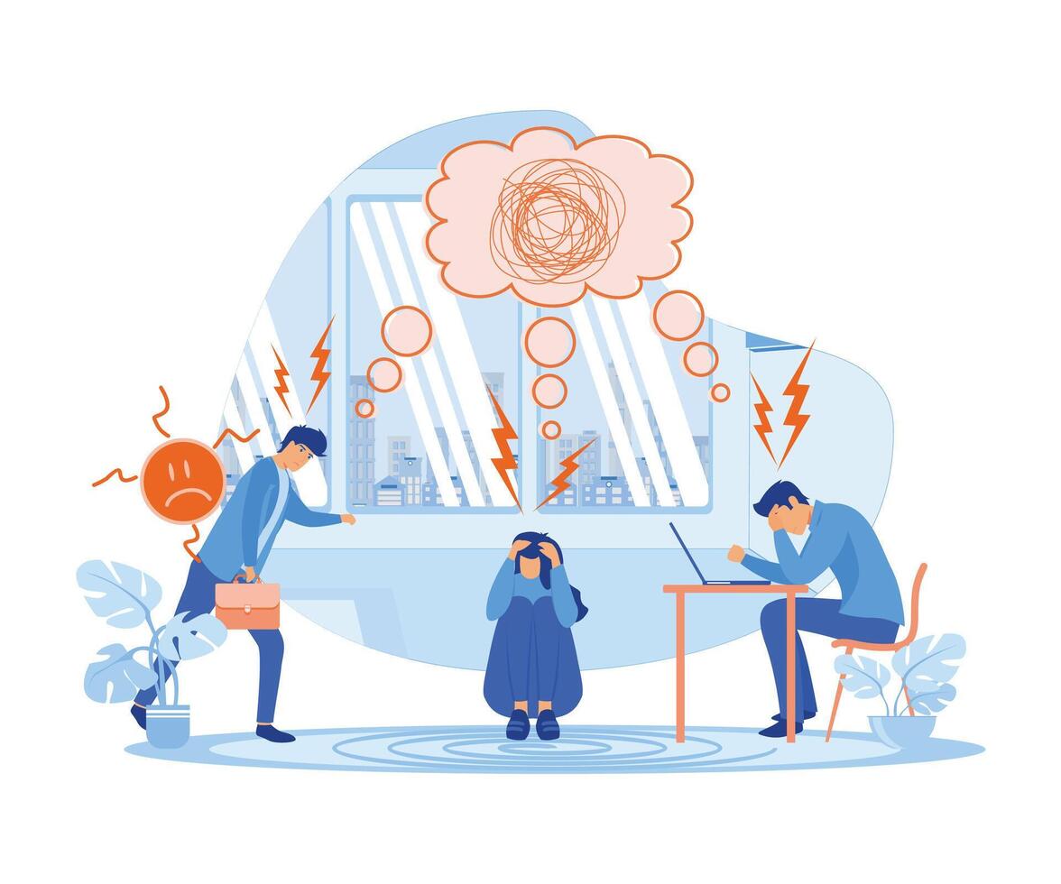 Stress in Office concept. Showing a group of people having stress moment chasing deadline, Suitable for landing page. flat vector modern illustration