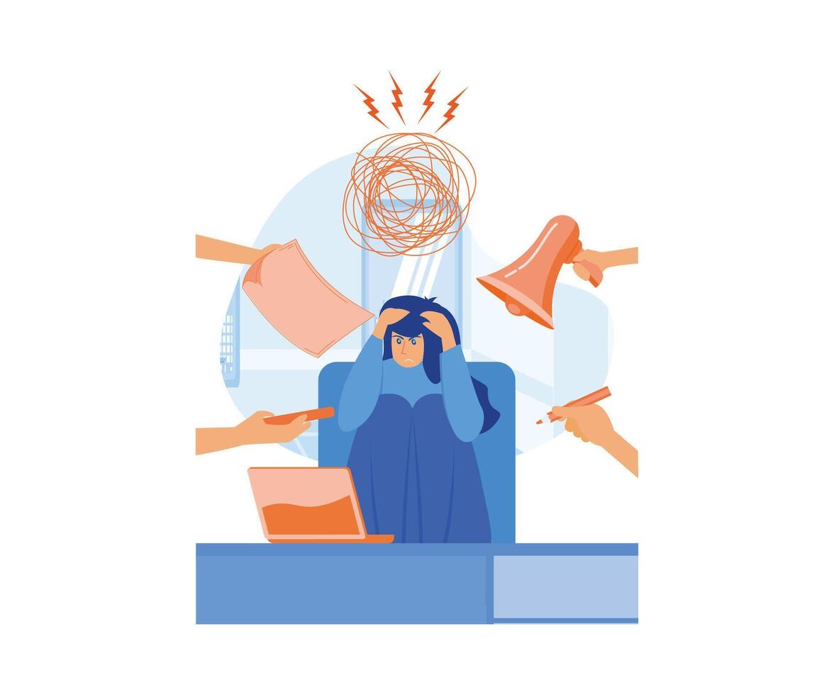 Multitasking Work concept. Business Woman Surrounded by Hands with Office Things. Multitasking and Time Management Concept. flat vector modern illustration