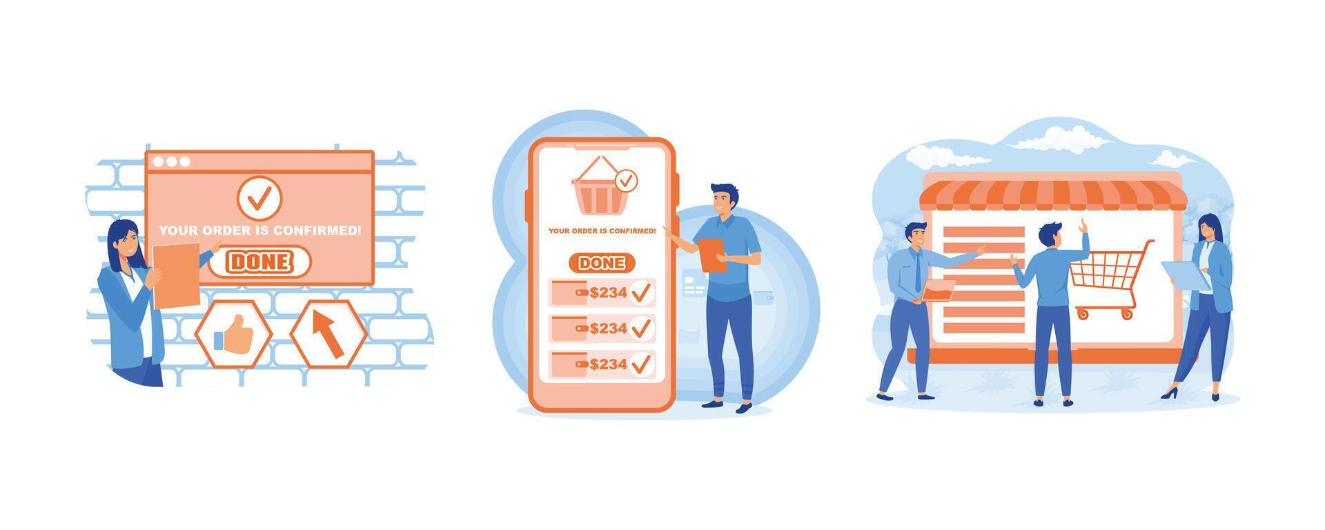 Order confirmed concept. Happy young man gets Confirmation of online order on smart phone. Online internet shopping sale buy purchase process. Set flat vector modern illustration