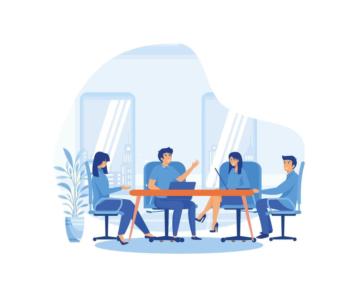 Business Meeting concept. Team of people sitting at desk with laptops, working together, discussing start up. Meeting of colleagues. flat vector modern illustration