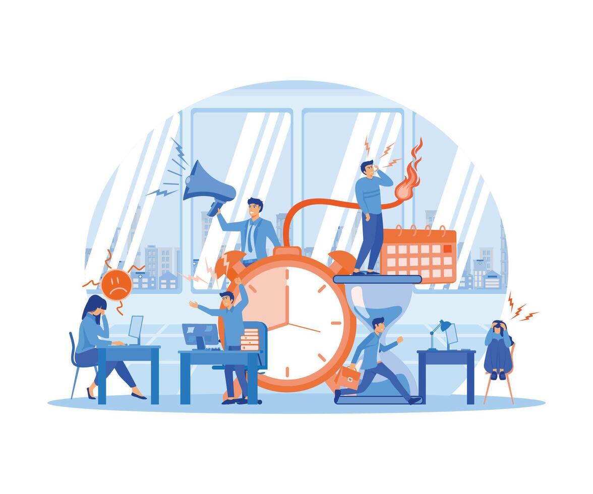 Office  Deadline concept. Stressed employees working overtime. Tired workers and angry boss. Deadline time bomb, missing deadlines. flat vector modern illustration