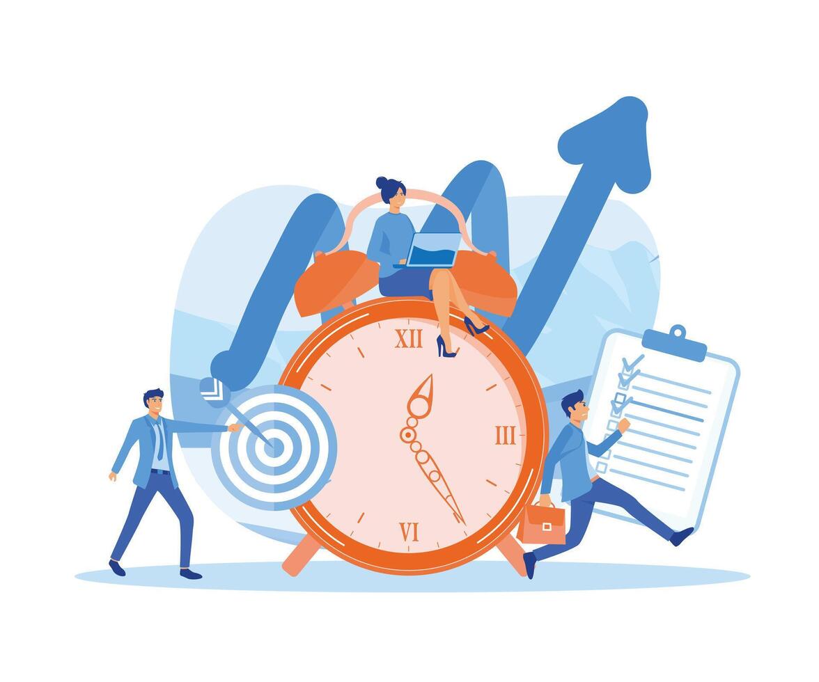 Time Management Discipline, Showing active group of people doing their daily routine productively to reach goal. flat vector modern illustration