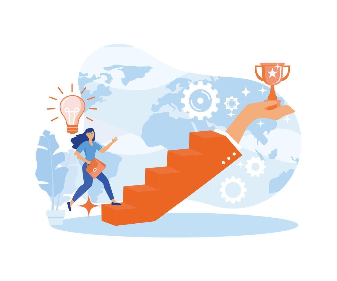 Success Business concept. Inspiration for success. a businesswoman going up the stairs with a hand holding a trophy. flat vector modern illustration