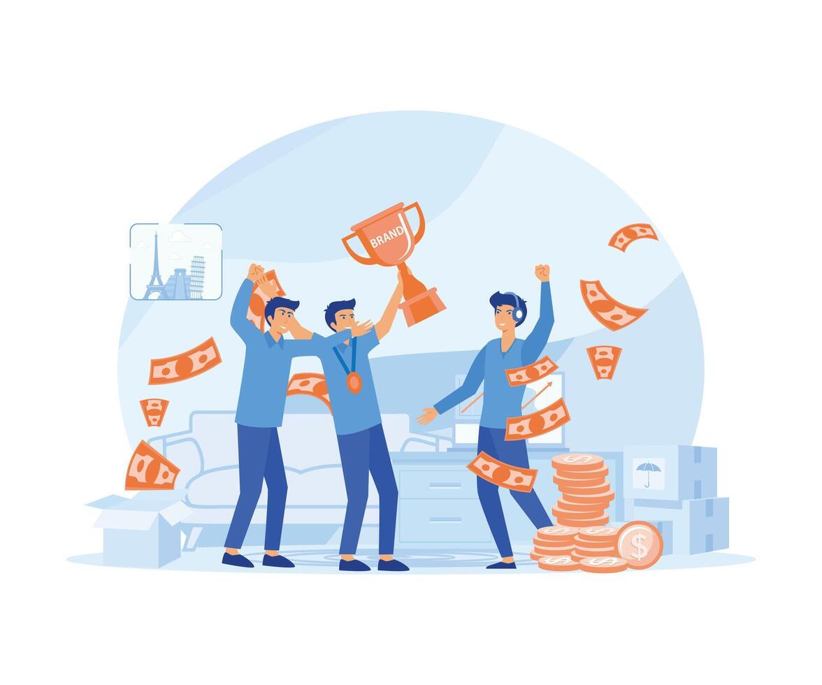 Success Business concept. Successful businessmen holding golden trophy up. Success and professional achievement. flat vector modern illustration