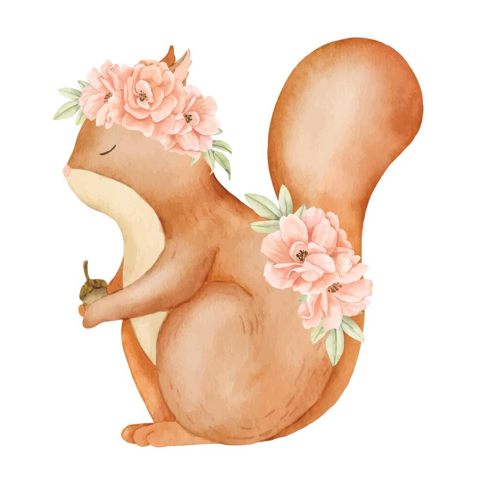 Red Squirrel with rose flowers. Hand drawn watercolor illustration of Woodland animal for Baby shower greeting cards or childish party invitations. Forest wild pet in cute cartoon style for nursery vector