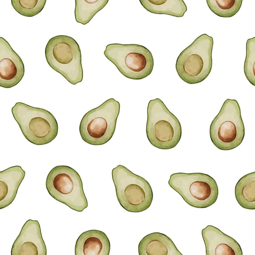 Avocado seamless Pattern. Watercolor background of green food. Hand drawn isolated illustration. Botanical painting of Fruit or Vegetable. Drawing of ornament for fabrics and kitchen textiles. vector