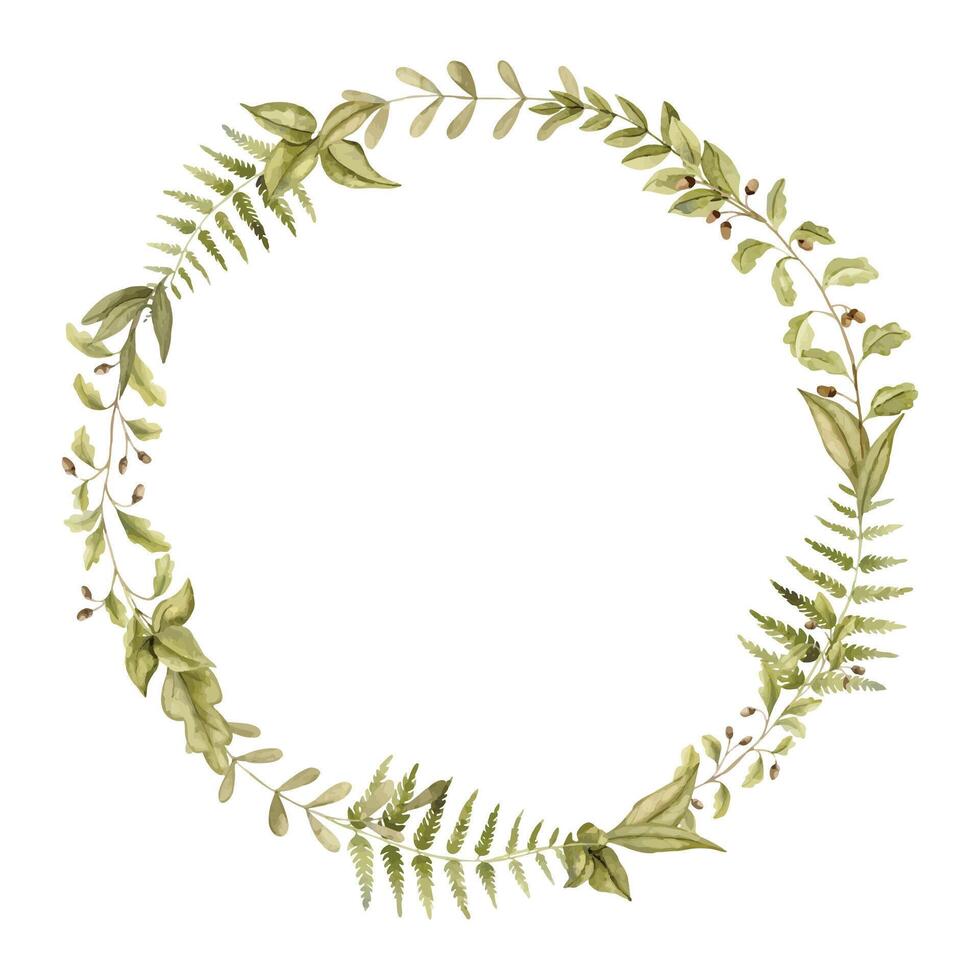 Greenery Wreath watercolor illustration. Round Frame with green plants and herbs. Botanical Template for greeting cards or wedding invitations. Background with fern. Border with branches vector