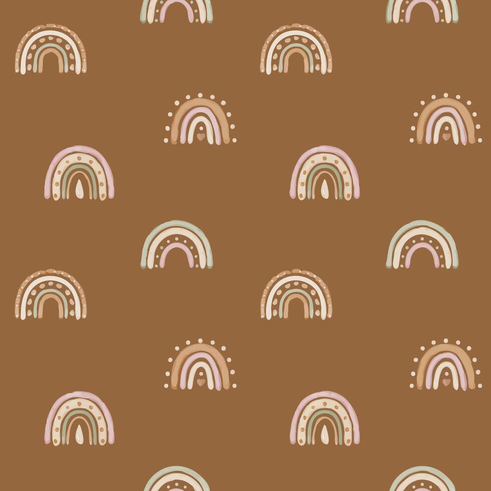 Boho Rainbow watercolor seamless Pattern. Illustration for Baby wallpaper or textile design. Hand drawn backdrop in Scandinavian style for nursery room on brown backdrop. Cute pastel drawing. vector