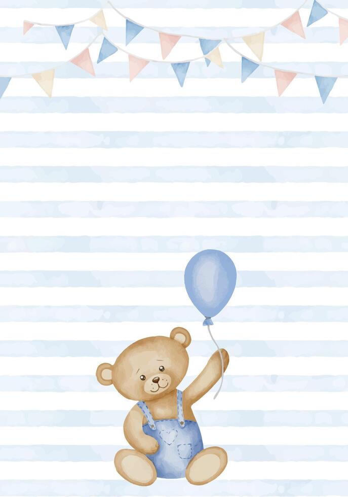 Template with Teddy Bear and garlands for Baby shower greeting cards or newborn party invitations. Watercolor illustration with childish Toy in blue pastel colors for girl or boy birthday vector