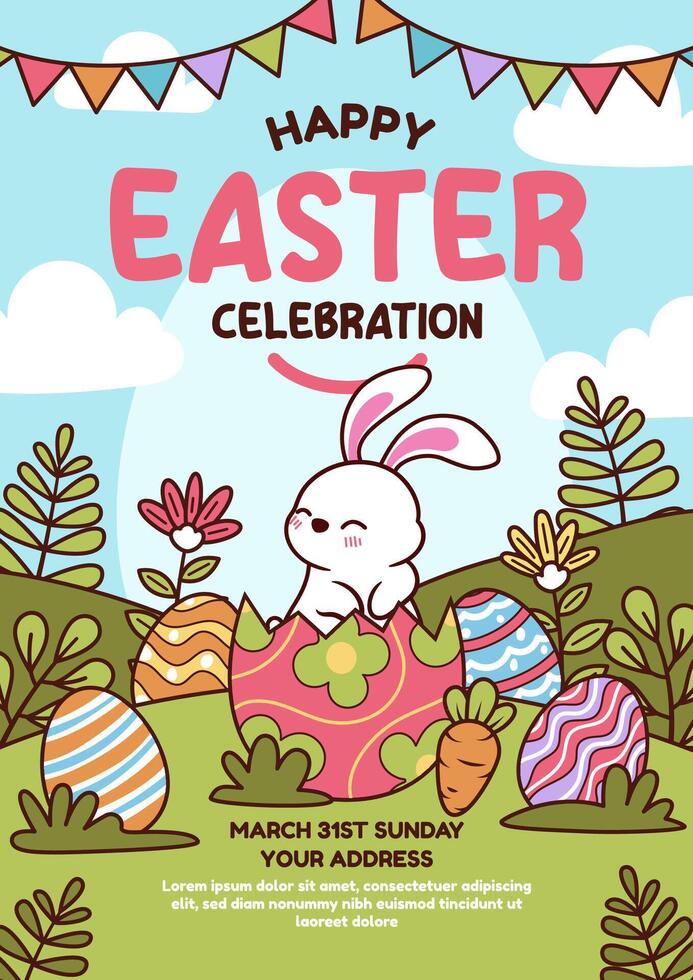 Happy easter vector template with colorful eggs, bunny, and flowers