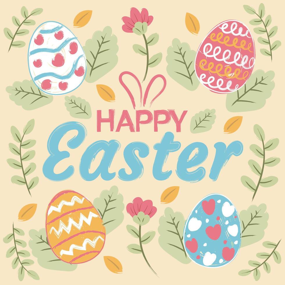 happy Easter banner, poster, greeting card. Trendy Easter design with typography, bunnies, flowers, eggs, in pastel colors. Watercolor style vector