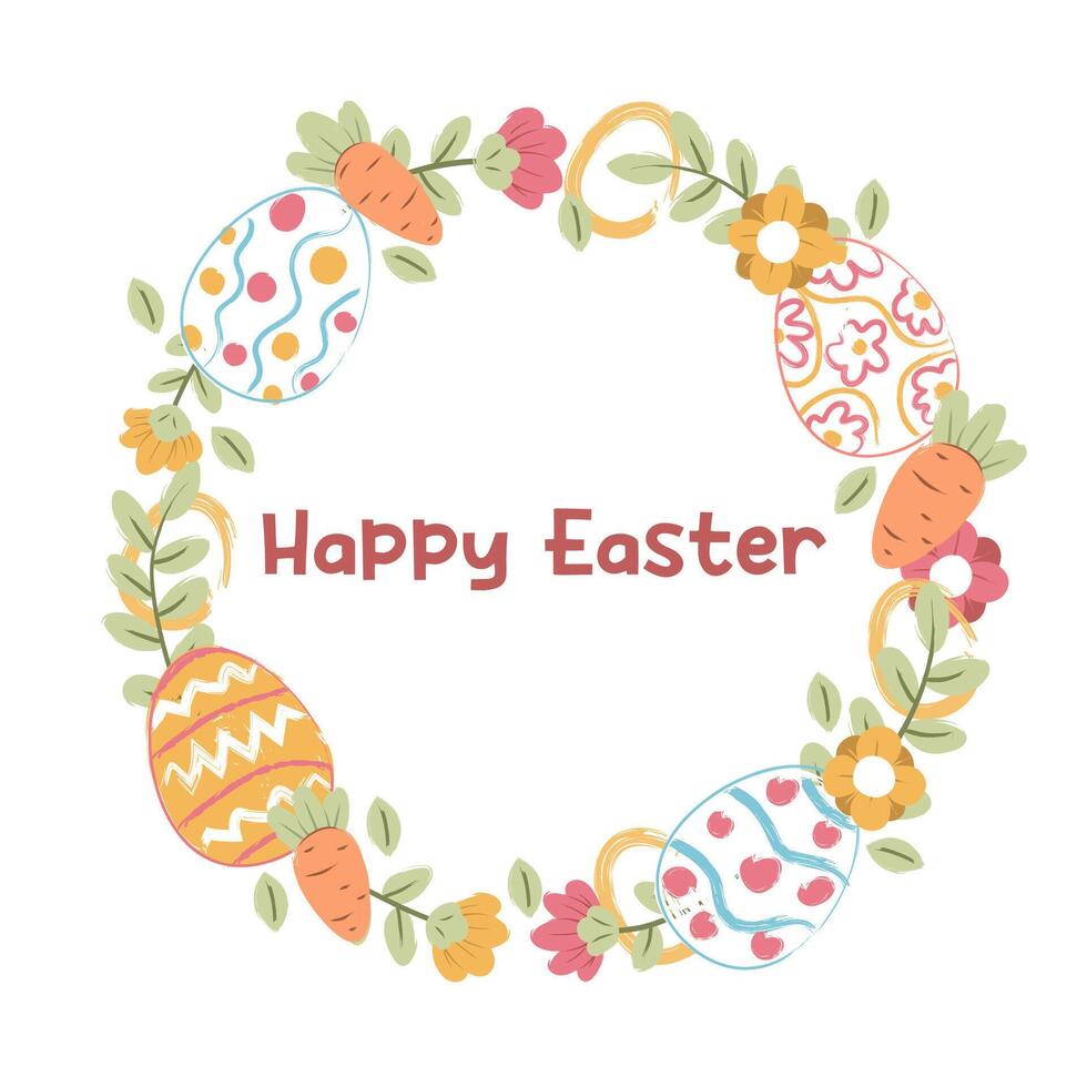 happy Easter banner, poster, greeting card. Trendy Easter design with typography, bunnies, flowers, eggs, in pastel colors. Watercolor style vector