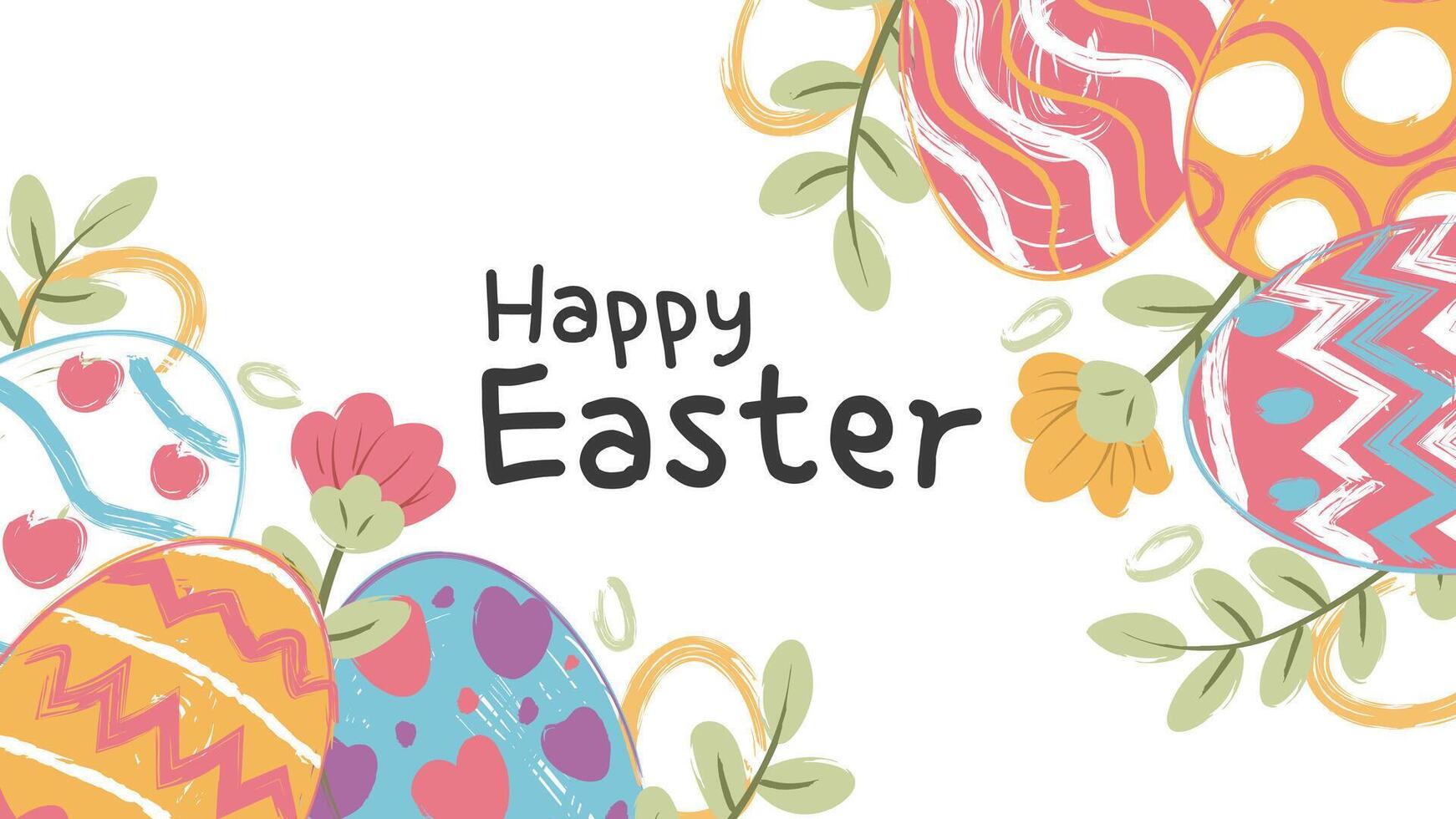 happy Easter banner, poster, greeting card. Trendy Easter design with typography, bunnies, flowers, eggs, in pastel colors. Watercolor style vector