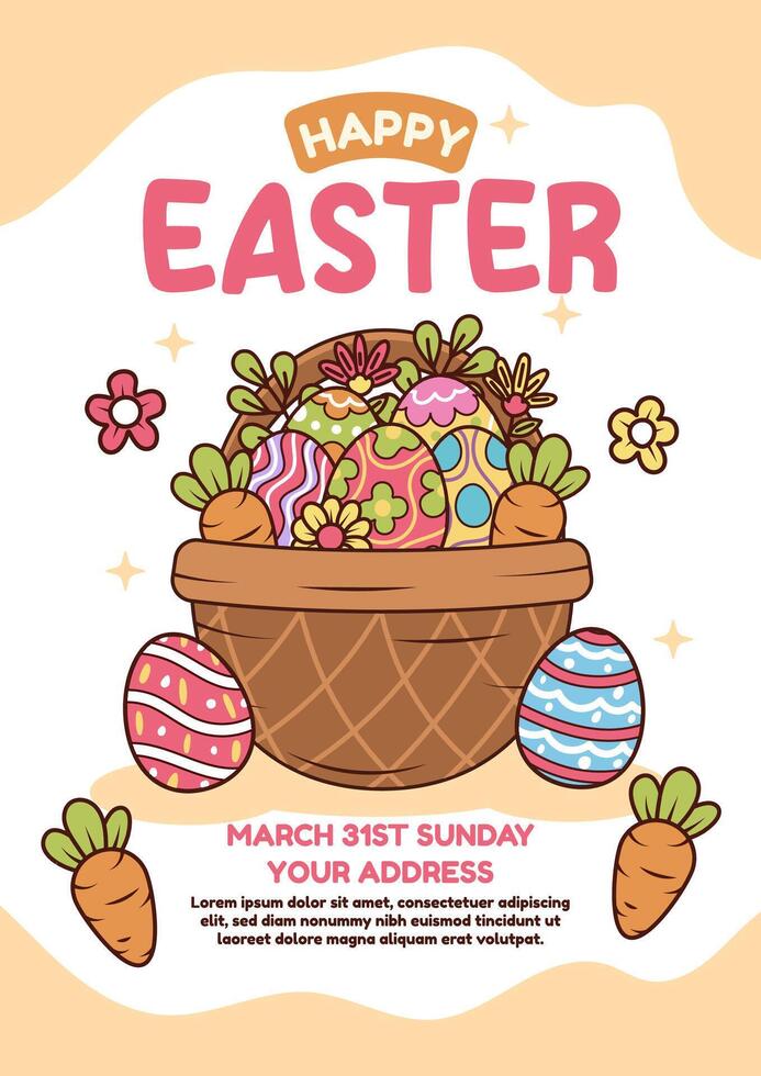 Happy easter vector template with colorful eggs, bunny, and flowers
