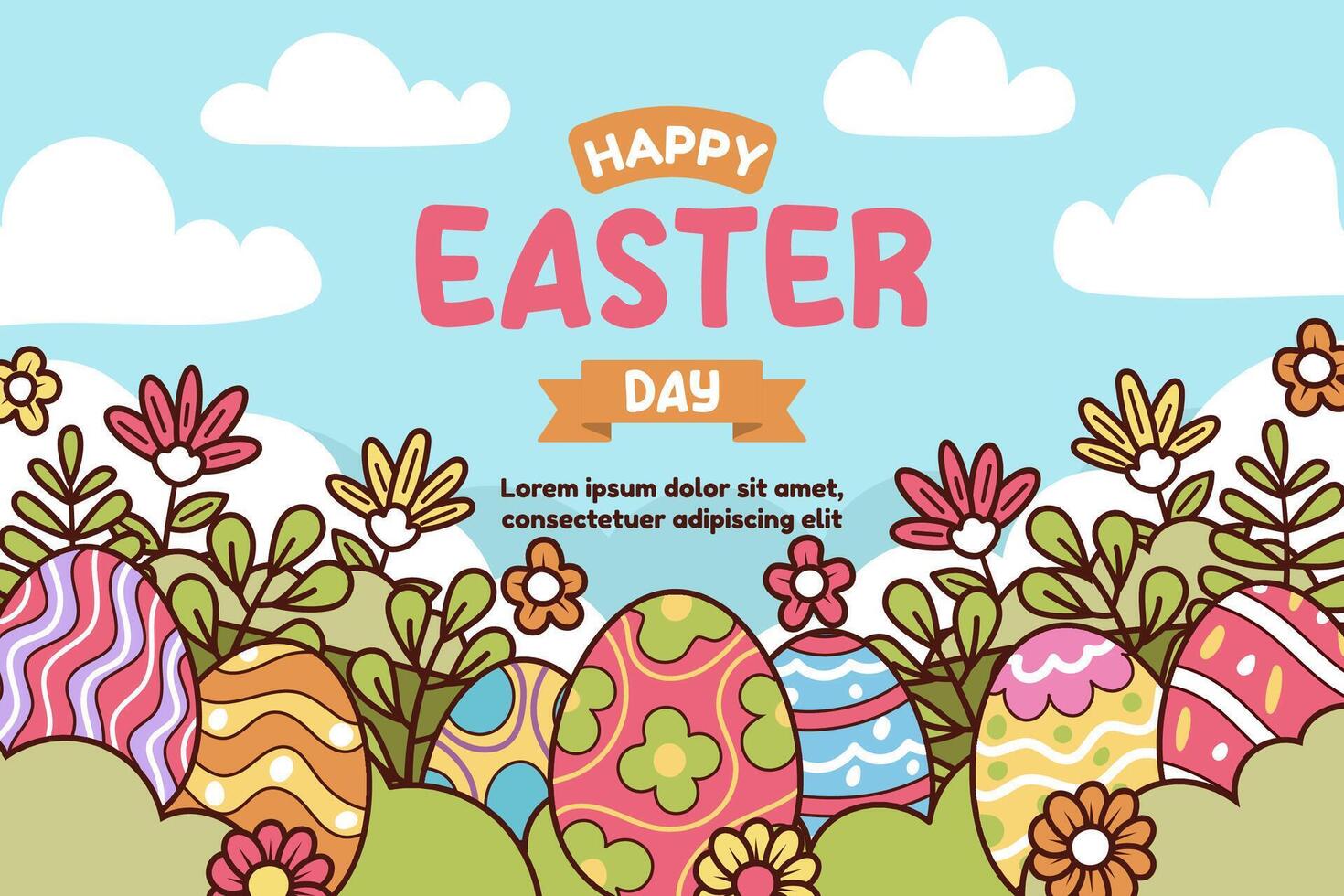 Happy easter vector template with colorful eggs, bunny, and flowers