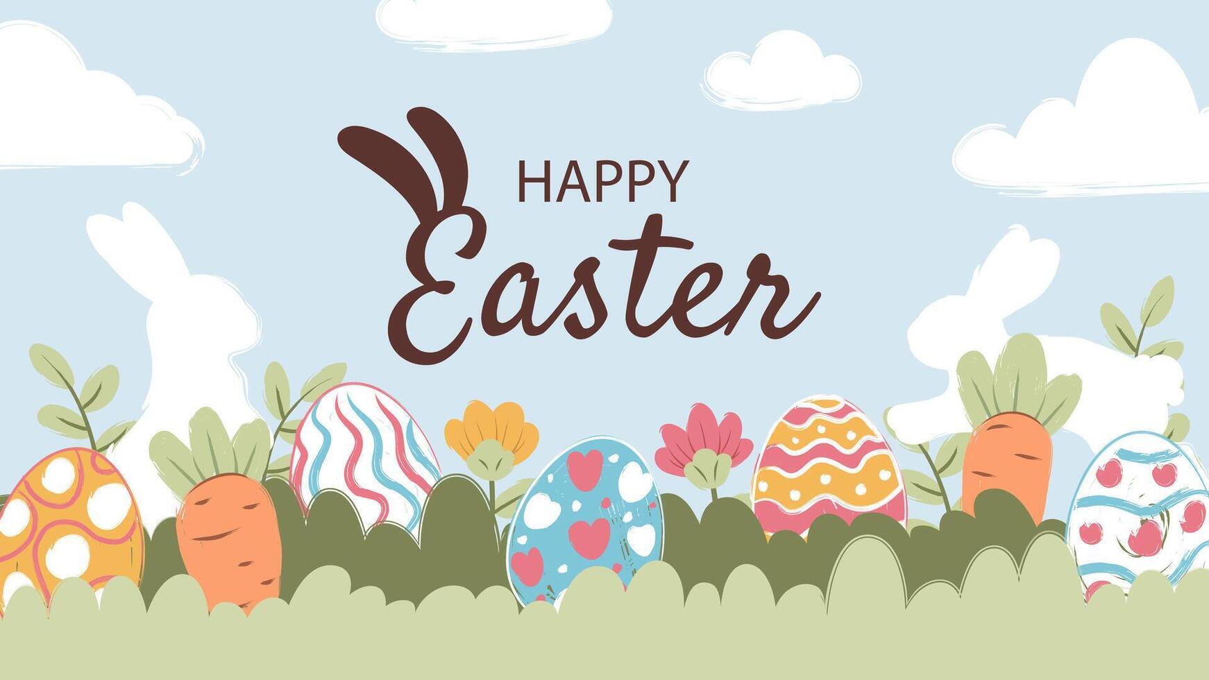 happy Easter banner, poster, greeting card. Trendy Easter design with typography, bunnies, flowers, eggs, in pastel colors. Watercolor style vector
