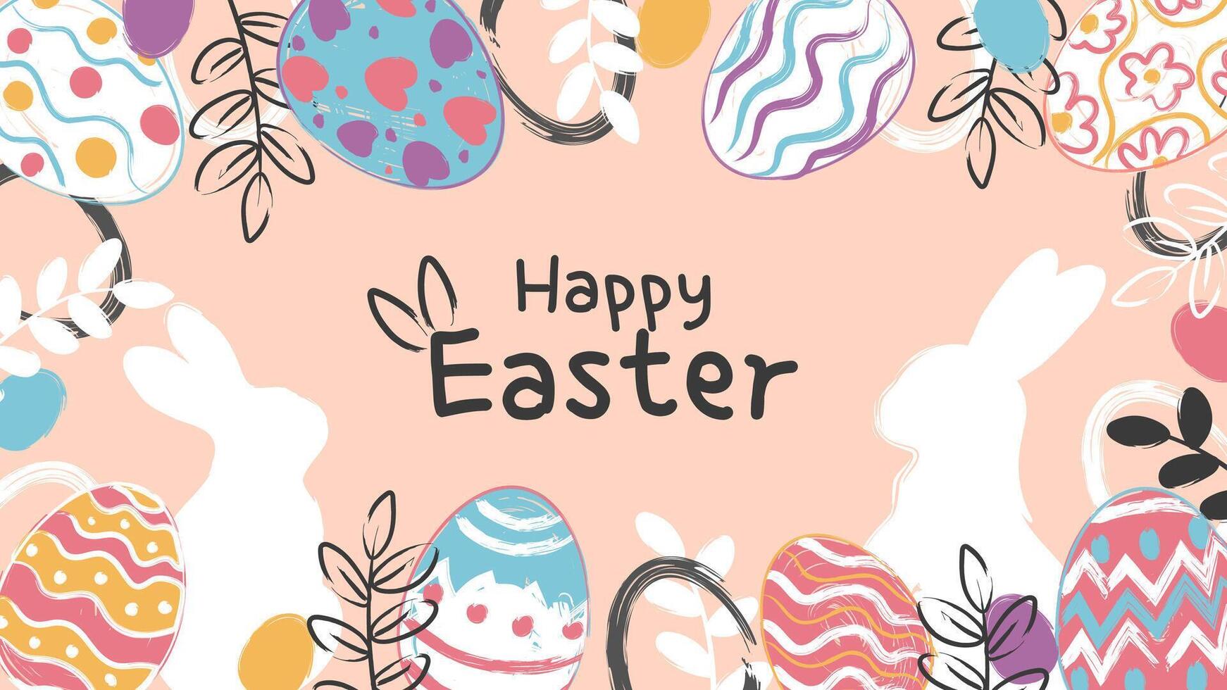 happy Easter banner, poster, greeting card. Trendy Easter design with typography, bunnies, flowers, eggs, in pastel colors. Watercolor style vector