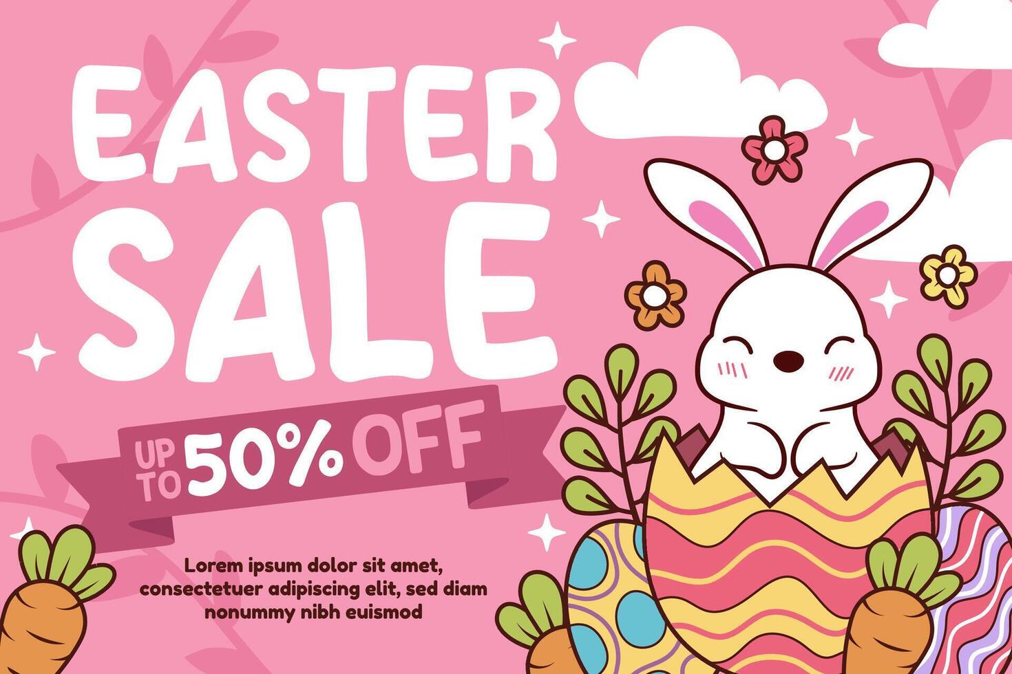 Happy easter vector template with colorful eggs, bunny, and flowers