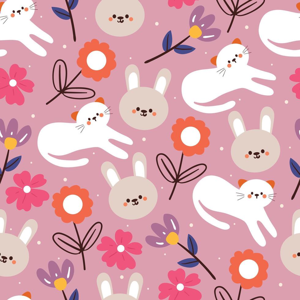 seamless pattern cartoon cat and bunny with flower. cute animal wallpaper for textile, gift wrap paper vector