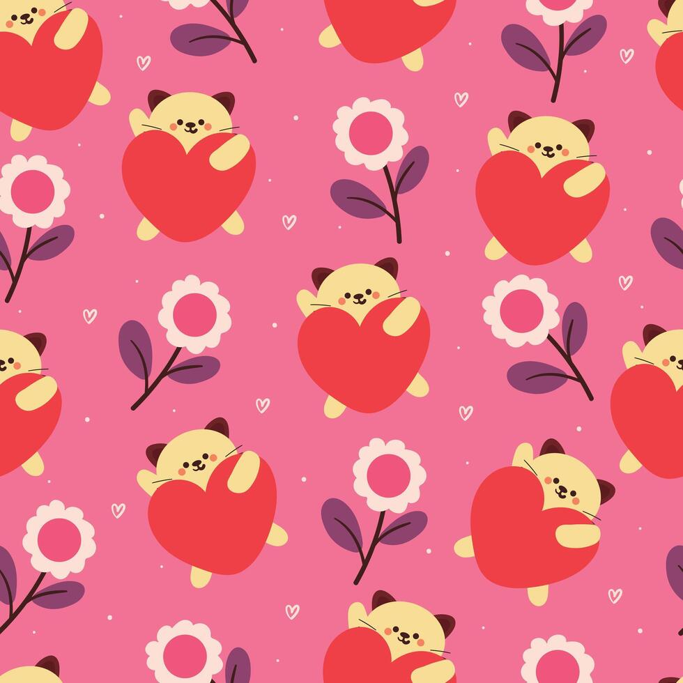 seamless pattern cartoon cat and red heart. cute animal wallpaper illustration for gift wrap paper vector