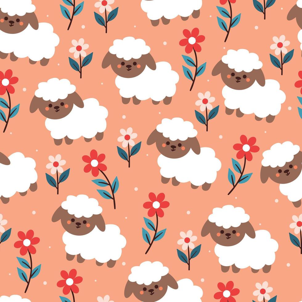 sin costura modelo dibujos animados oveja y flor. linda animal fondo de pantalla para textil, regalo envolver papel vector