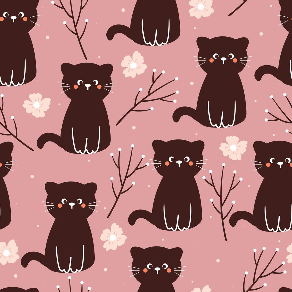 seamless pattern cartoon cat and flower. cute animal wallpaper for textile, gift wrap paper vector