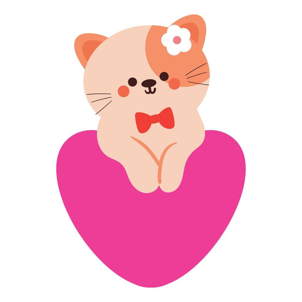hand drawing cartoon cute cat with big heart balloon. cute animal doodle for valentine icon, sticker vector