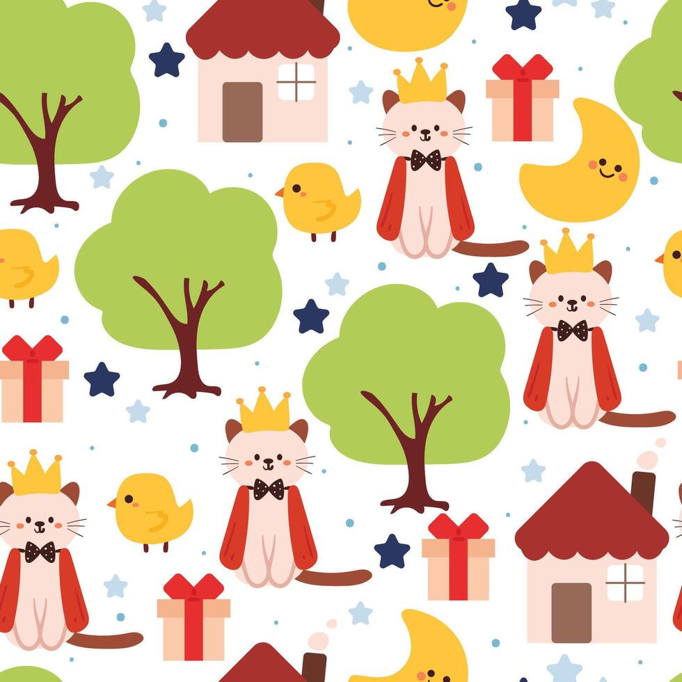 seamless pattern cartoon cat and chick with home and plant. cute animal wallpaper for textile, gift wrap paper vector