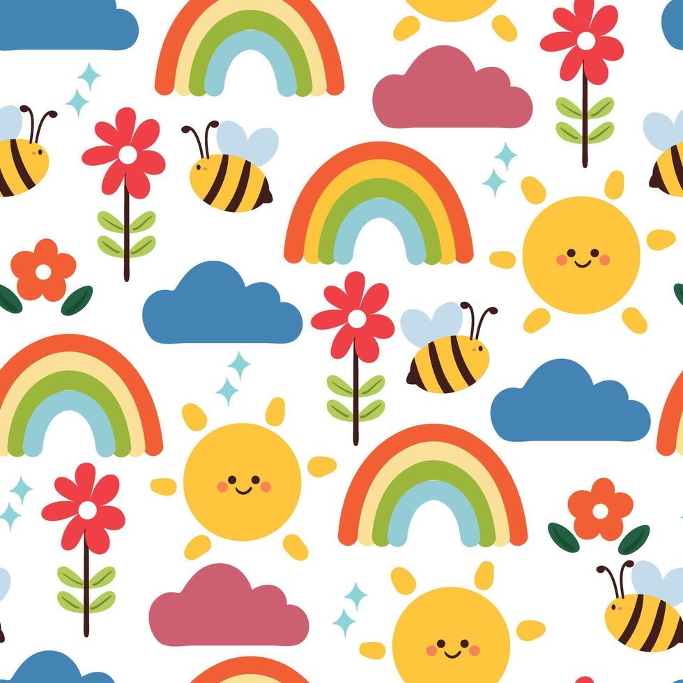seamless pattern cartoon bee with plant and sky element. cute animal wallpaper for textile, gift wrap paper vector