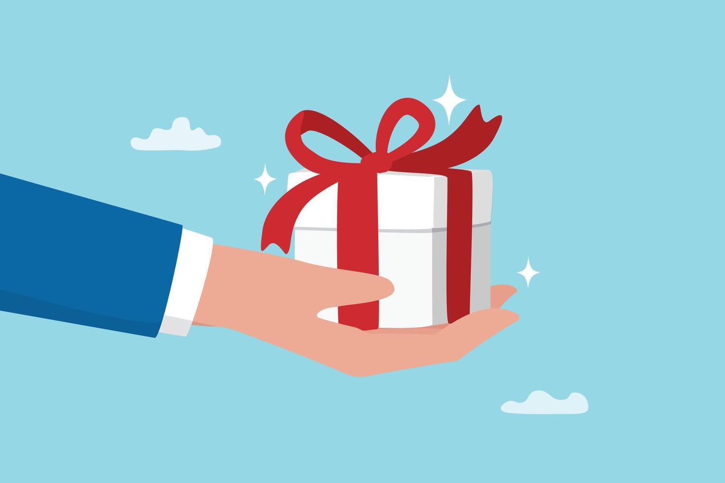 Gift reward program, bonus or surprise present for customer, employee reward or lucky prize, birthday gift box or festive incentive, special loyalty program concept, hand giving gift box with ribbon. vector