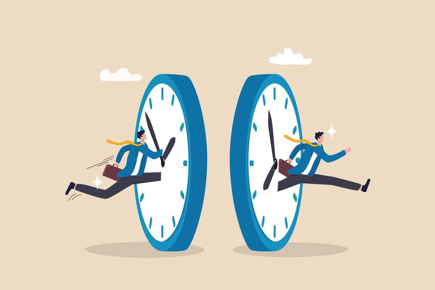 Time management or time travel to the future, time flied fast to work deadline, productivity or efficiency, effort or work schedule, evolution concept, businessman jump into clock to the future. vector