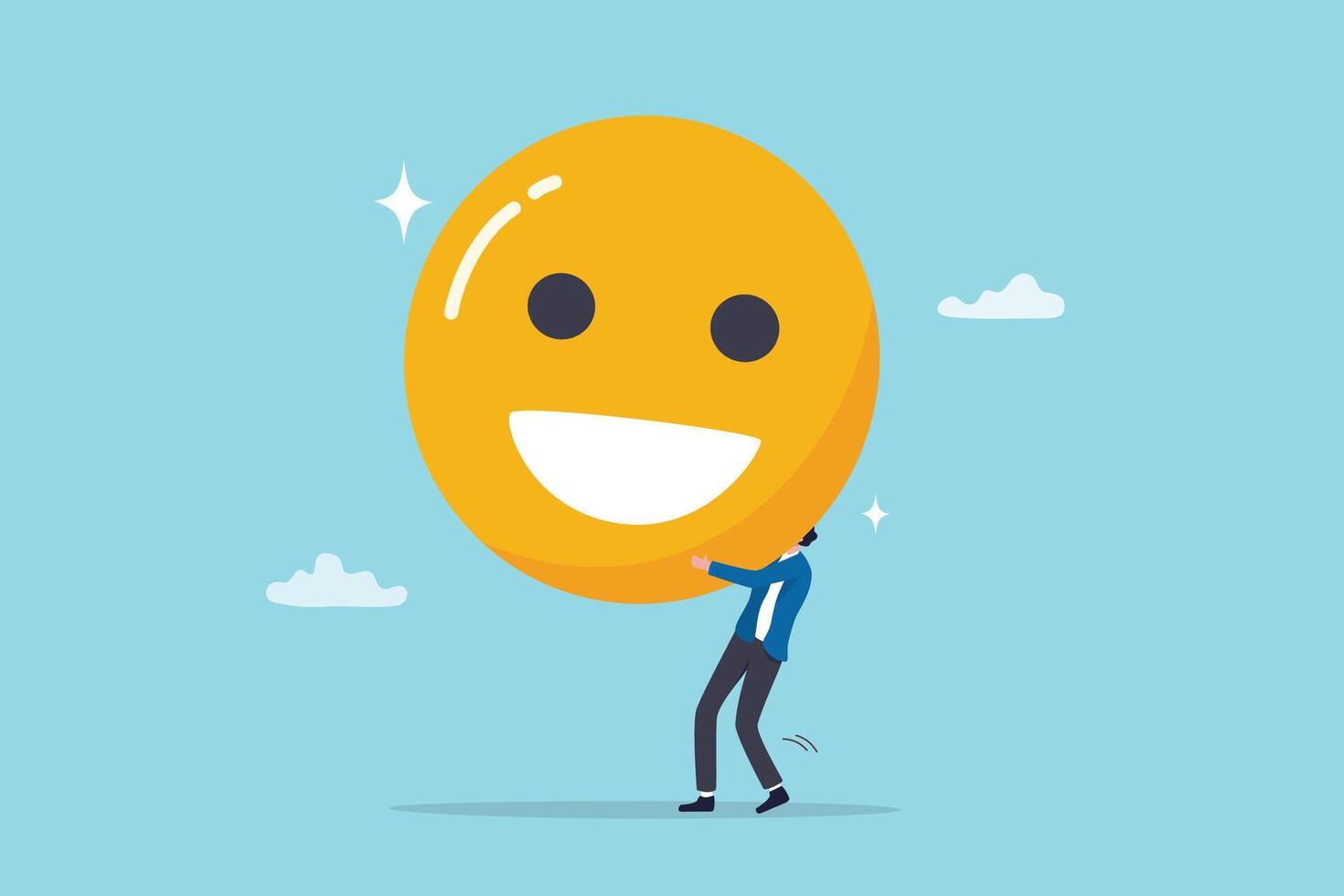 Job satisfaction, employee happiness or optimistic attitude, cheerful morality or endorphins for positive thinking, feel good, emotional intelligence concept, businessman carry big happy smile face. vector