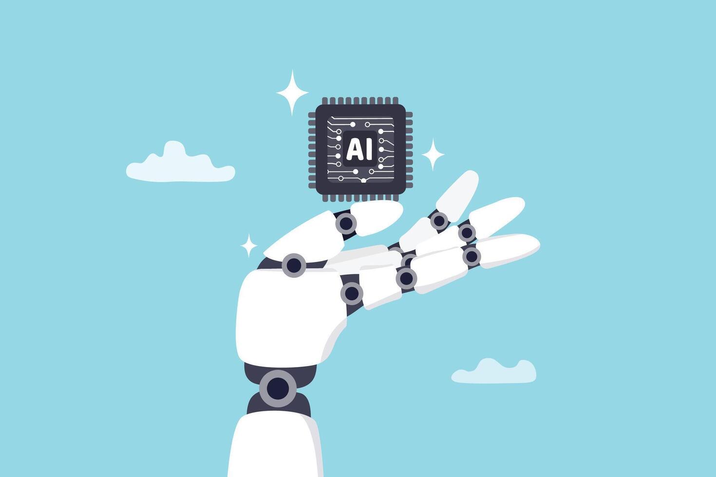 Generative AI artificial intelligence to generate output or answer question in automatic chat, deep learning or machine learning technology concept, robotic hand hold processor chip with the word AI. vector