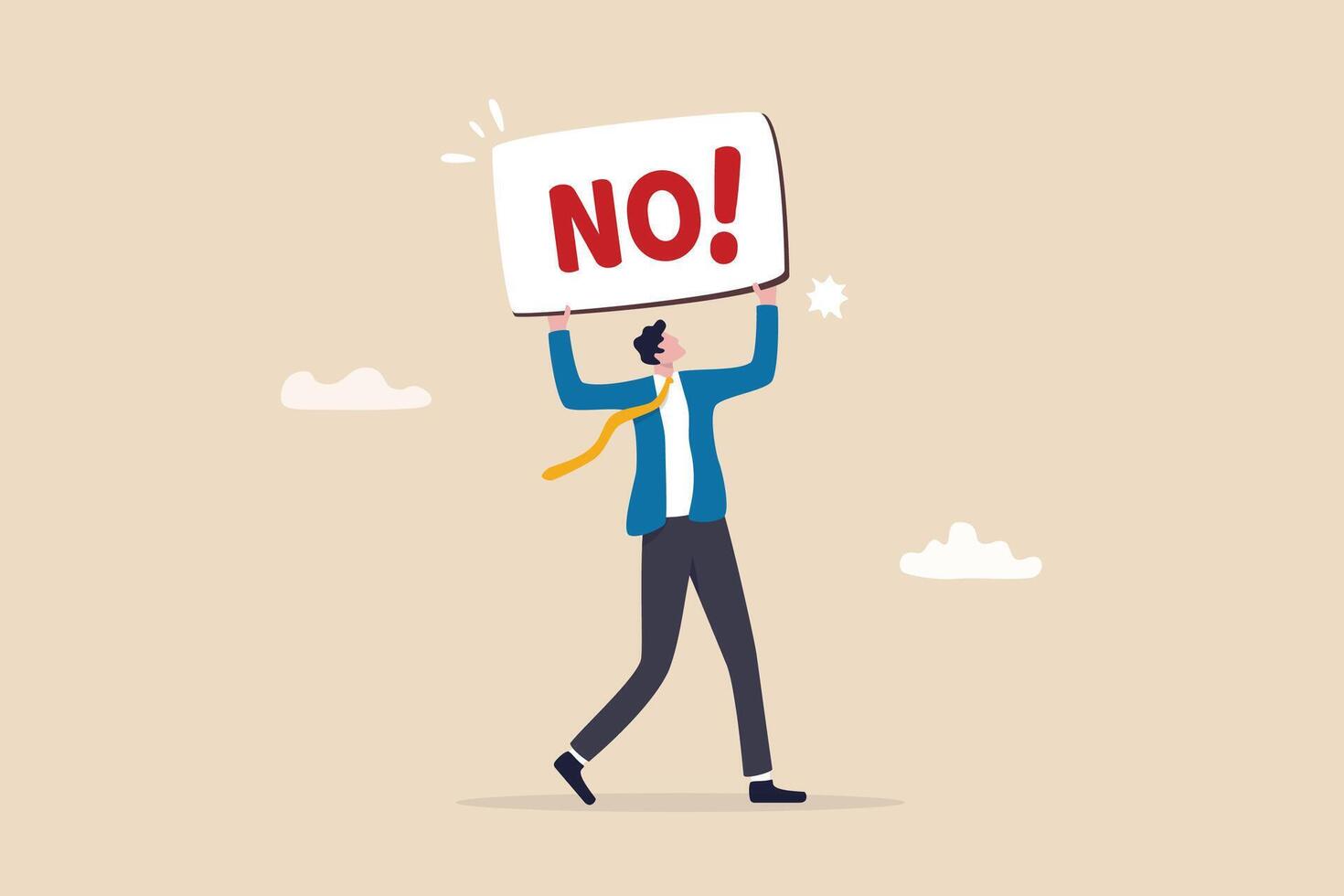 Say no, negative or stop sign, rejection or refuse to do thing, disagreement expression, communicate to stop or denied concept, businessman hold sign with the word NO with strong rejection impression. vector