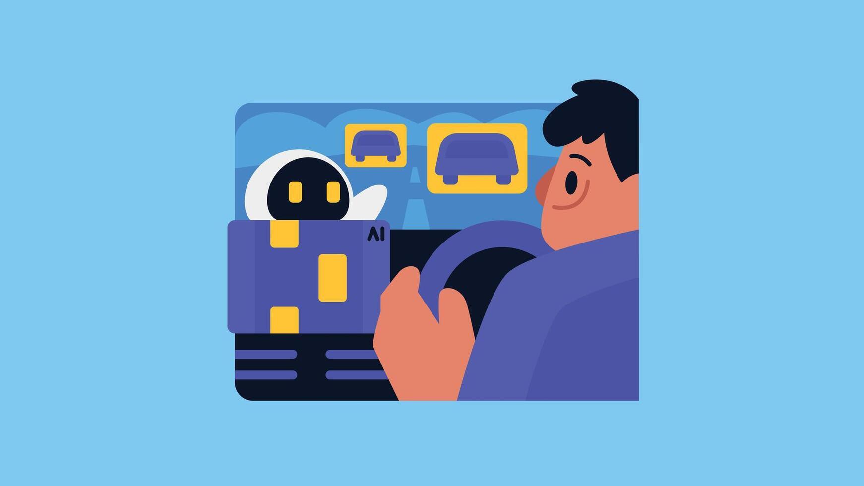 AI Transportation, The Driver uses AI Sensors to detect the Car Flat Vector Illustration