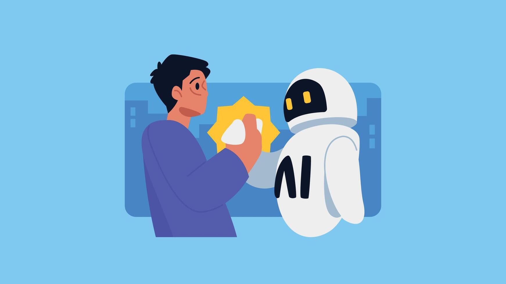 Human and AI Partnership, Human and AI join Hands to Show Cooperation Flat Vector Illustration