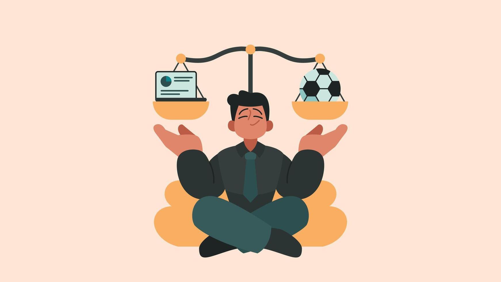 Work Life Balance, Businessman Balancing Work and Play Flat Vector Illustration