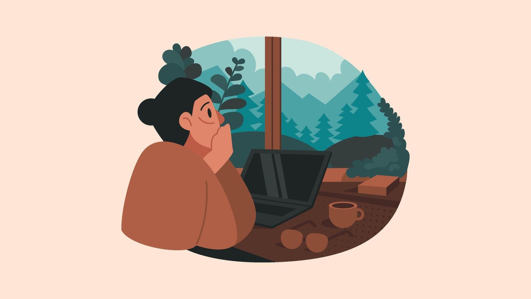 Productivity Boost, Remote Work Desk with a Beautiful View of Nature Flat Vector Illustration