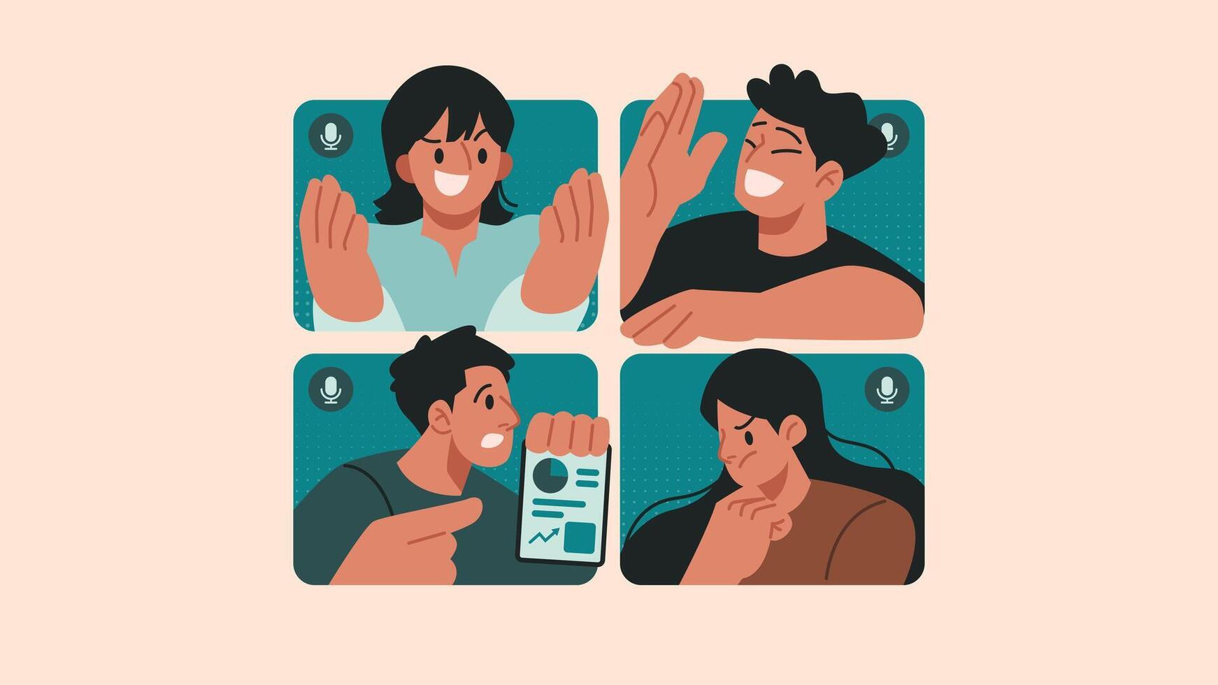 Remote Online Meeting, Employees Meet on Different Screens in Different Locations Flat Vector Illustration